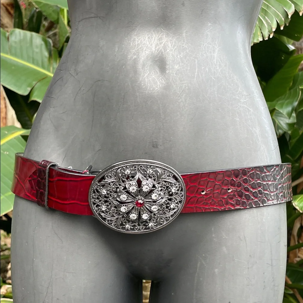 WHBM statement , burgundy, snake skin patent belt with jewel buckle